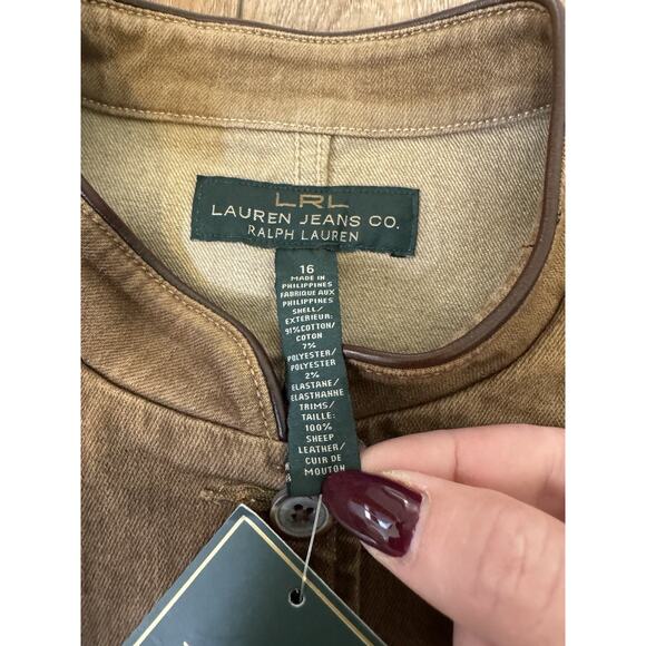 Ralph Lauren RLR Stretch Denim Jacket Camel SZ 16 Sheep Leather Trim Mandarin - Picture 6 of 16